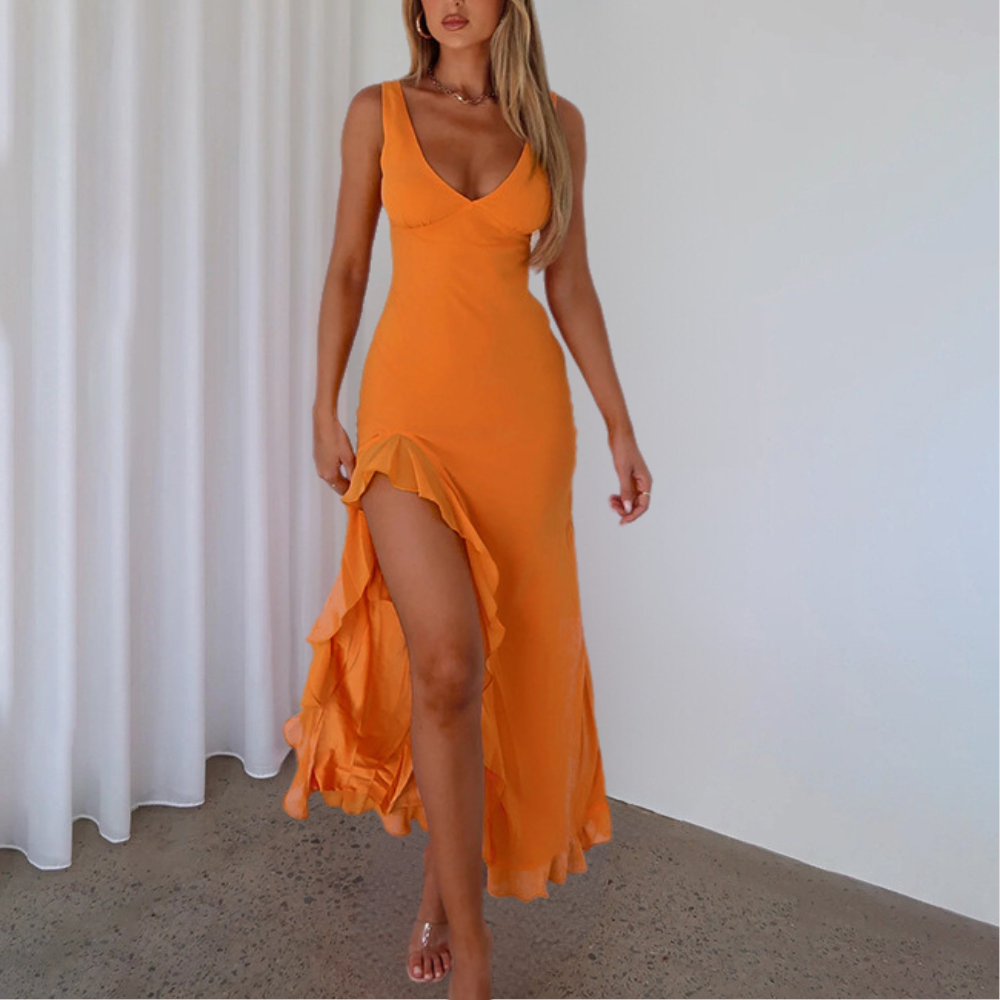 Elisheva - Elegancka Suknia Maxi z Dekoltem V, Asymetryczna