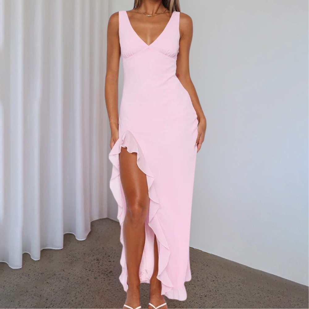 Elisheva - Elegancka Suknia Maxi z Dekoltem V, Asymetryczna