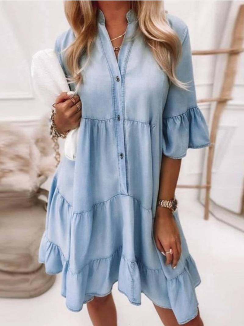 Belinda – Sukienka z Denimu z Falbankowym Brzegiem