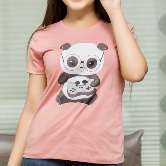 Różowy T-Shirt z Pandą Graczem